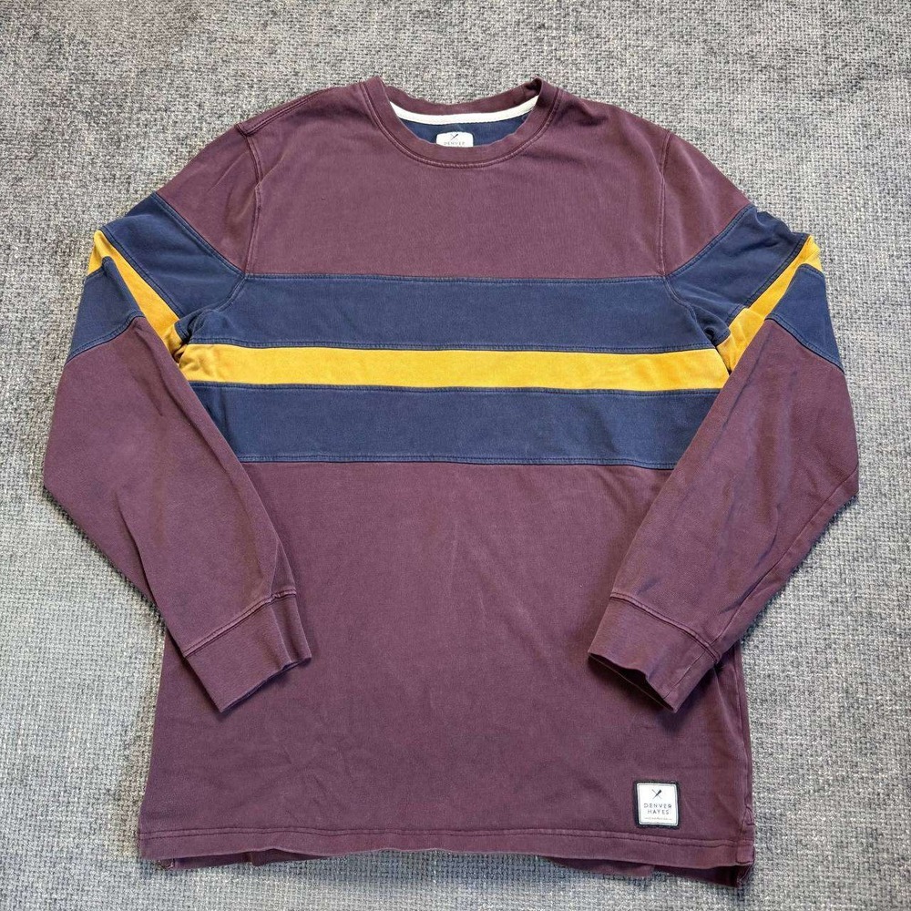 Denver Hayes Striped Long Sleeve Tee Mens LT Burgundy Navy Yellow Retro